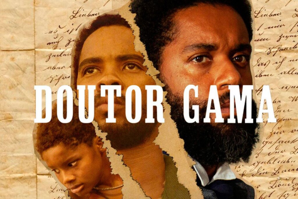 Capa do filme "Doutor Gama" com a foto dos atores em meio a uma carta escrita a mão e com a ilustração de rasgos no papel
