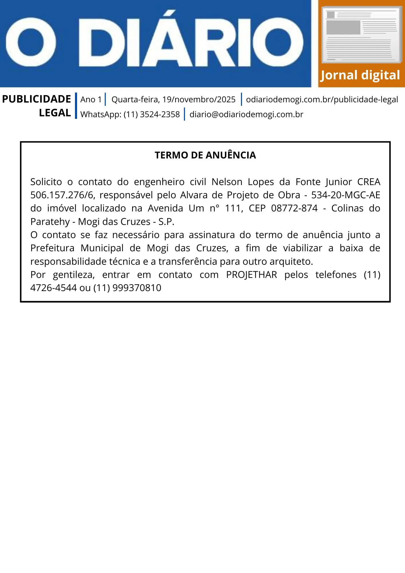 Quarta-feira, 19 de novembro de 2025