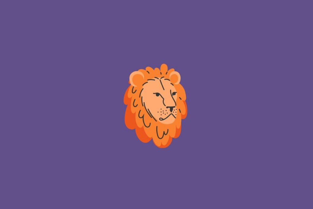 Ilustração de um leão, representando o signo de leão, em um fundo roxo-escuro 