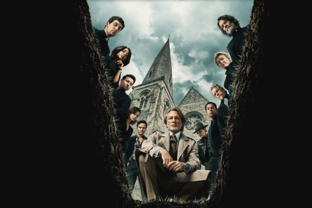 Grupo de pessoas reunidas ao redor de cova olhando para baixo