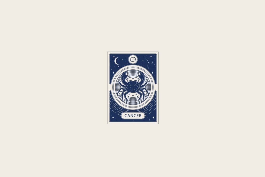 Ilustração do signo de Câncer em azul dentro de uma carta e com fundo cinza