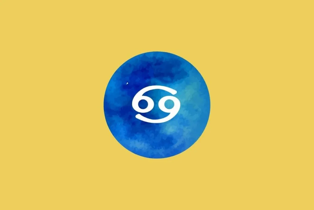 Ilustração do signo de câncer em um círculo azul sobre um fundo amarelo