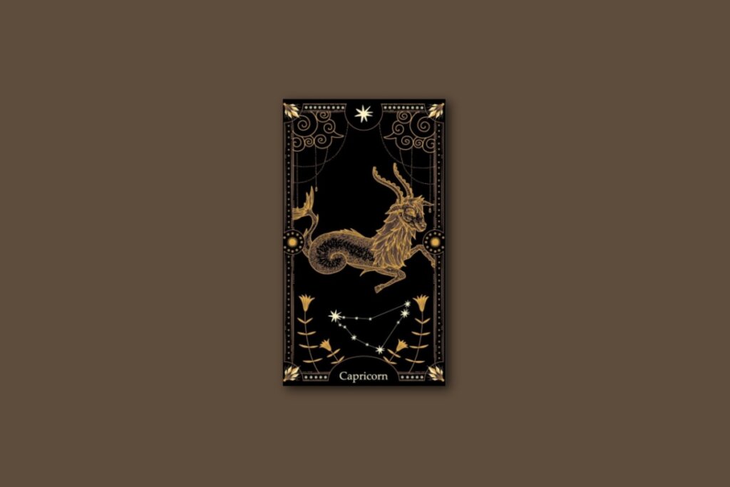 Ilustração de uma carta preta, com o desenho do signo e da constelação de capricórnio, com borda dourada e estrelas