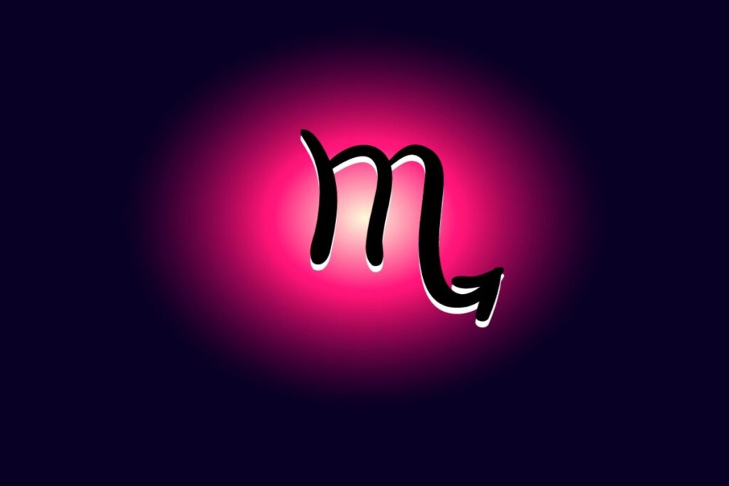 Ilustração do símbolo de escorpião em círculo rosa e fundo roxo