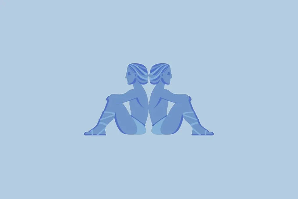 Ilustração do signo Gêmeos, com duas figuras humanas azuis sentadas de costas uma para a outra, sobre fundo azul-claro