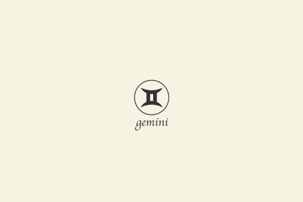 Ilustração do signo de gêmeos na cor preta, com um círculo em volta e o nome abaixo, sobre um fundo amarelo-claro