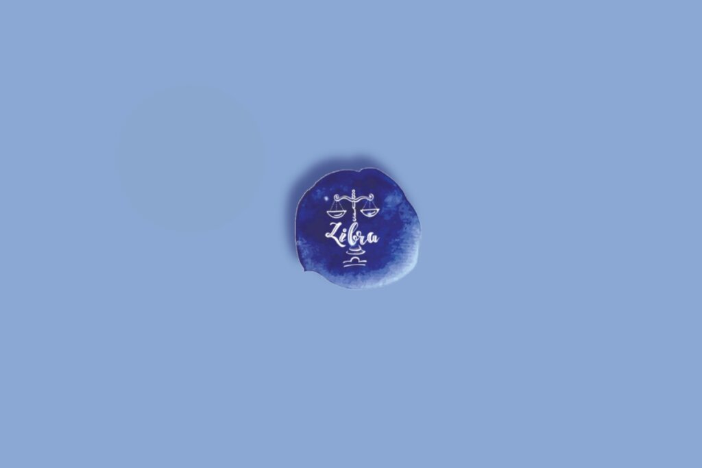 Ilustração do signo de libra em um círculo com fundo azul e branco com estrelas