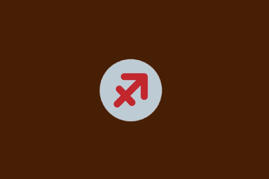 Ilustração do signo de Sagitário, com símbolo vermelho em forma de flecha apontada para cima, sobre fundo cinza e marrom-escuro