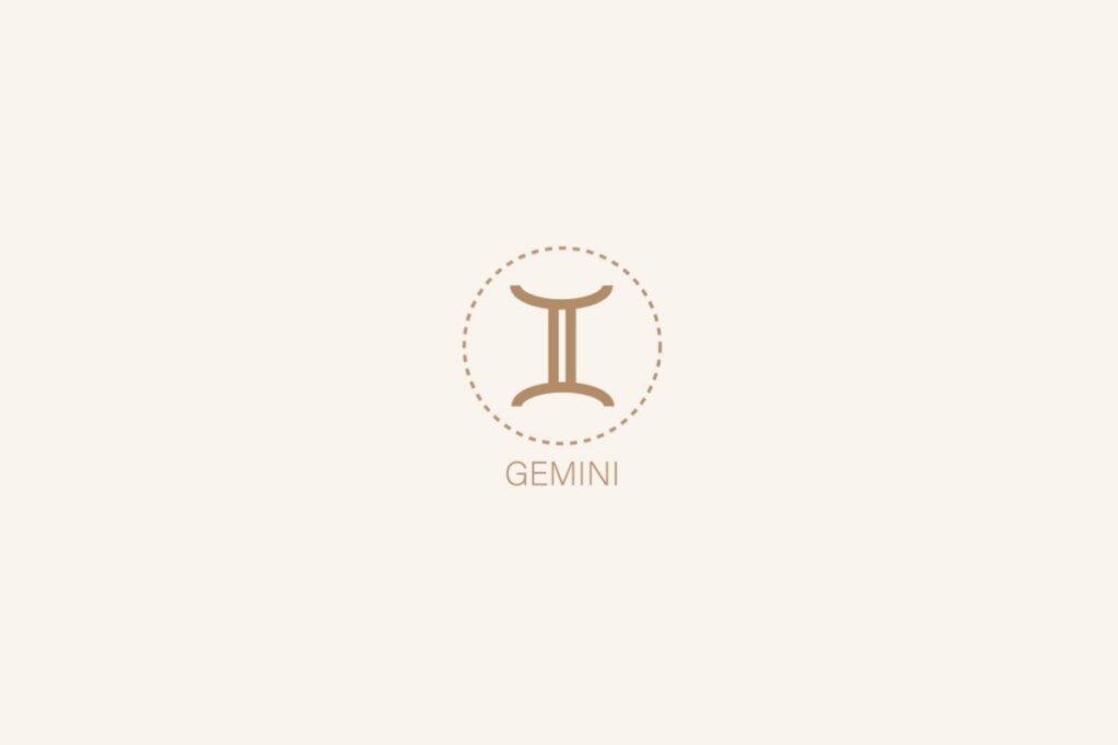 Ilustração do símbolo e nome em inglês do signo de gêmeos em um fundo bege