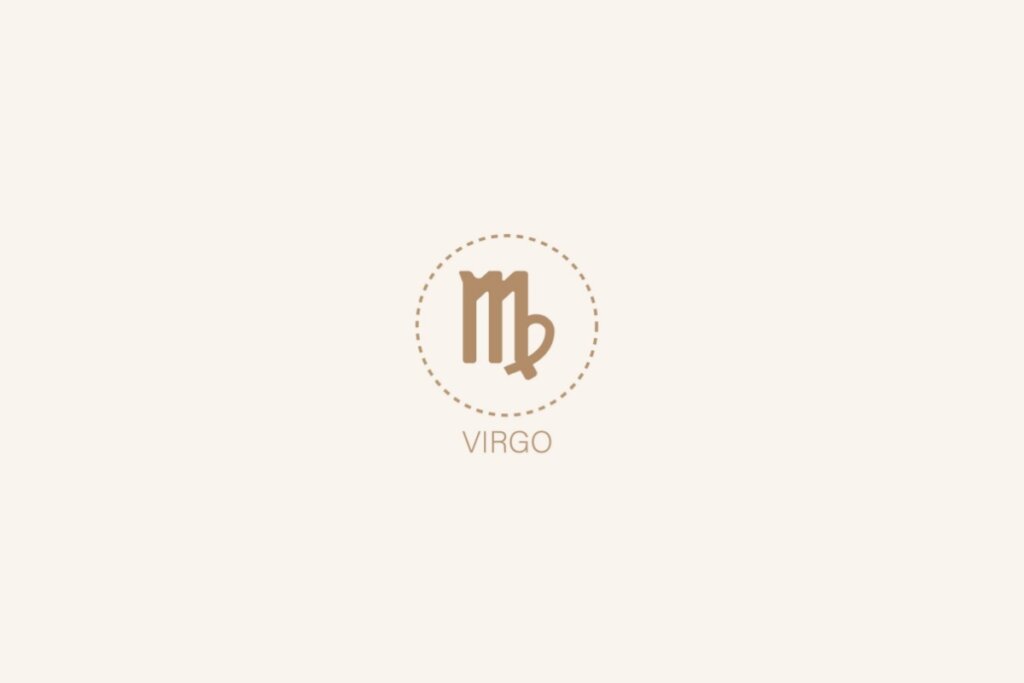 Ilustração do símbolo e nome em inglês do signo de virgem em um fundo bege