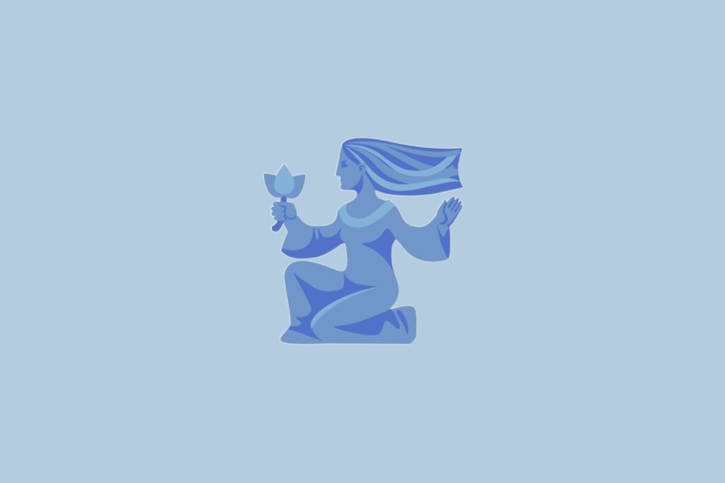 Ilustração do signo Virgem, com uma mulher azul ajoelhada segurando uma flor, sobre fundo azul-claro