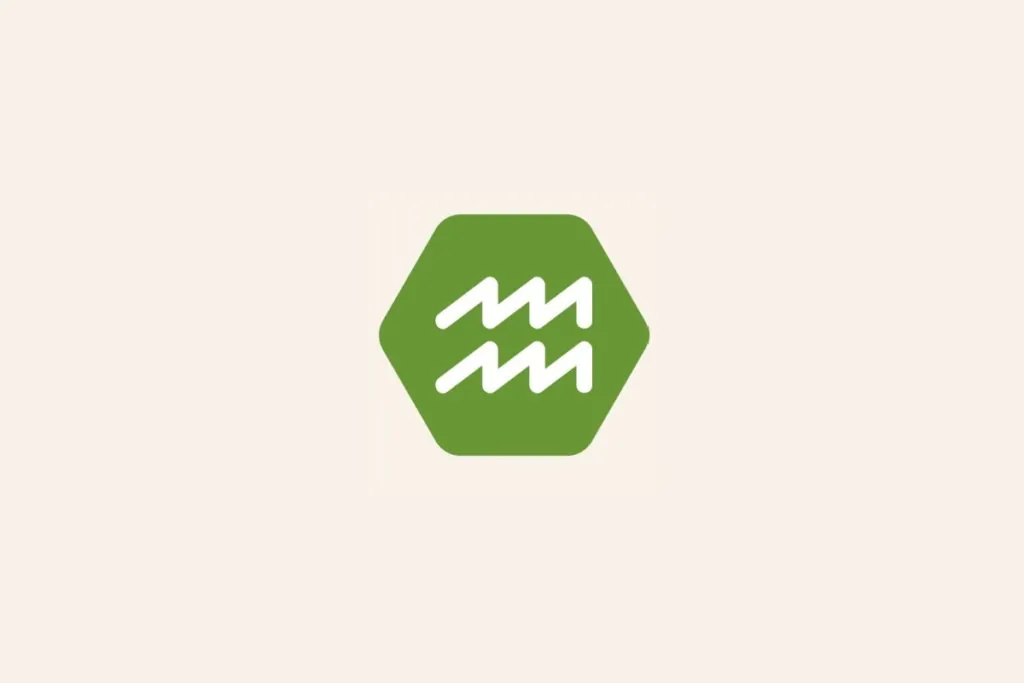 Ilustração do signo Aquário, com símbolo formado por duas linhas onduladas brancas sobre um hexágono verde