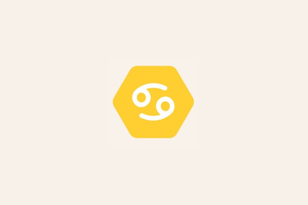 Ilustração do signo Câncer, com símbolo branco semelhante a dois números seis opostos sobre fundo amarelo em hexágono