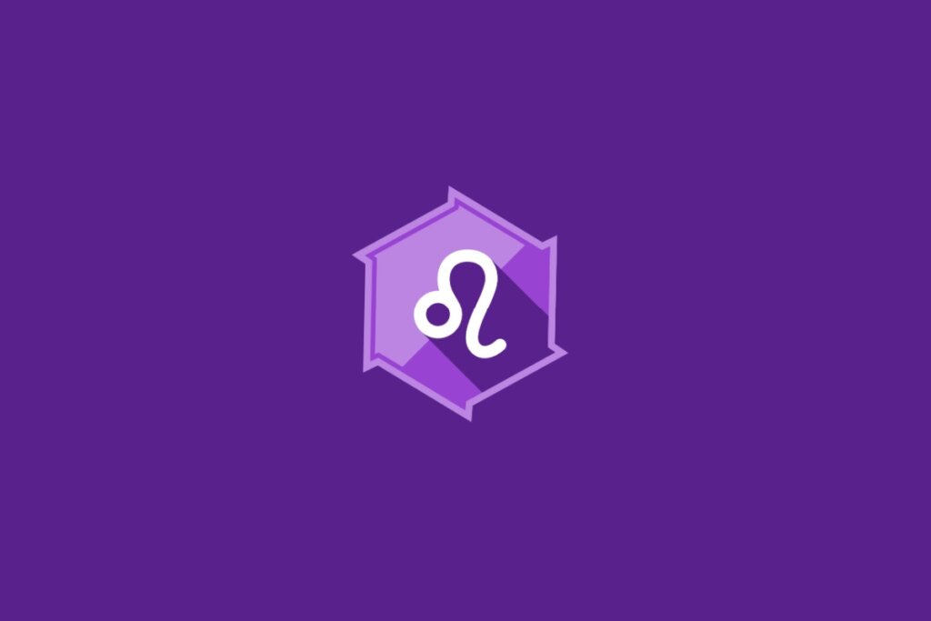 Ilustração do signo de Leão, em fundo roxo, com símbolo curvado que lembra uma cauda de leão em movimento