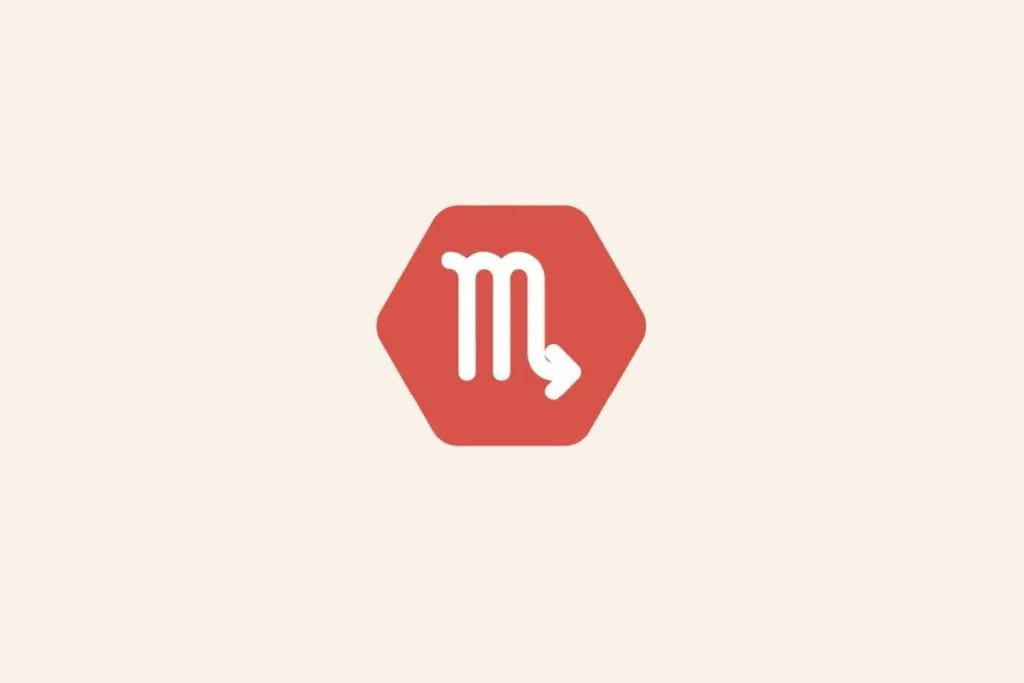 Ilustração do signo Escorpião, com símbolo branco em forma de "M" com seta na ponta final sobre fundo vermelho em hexágono