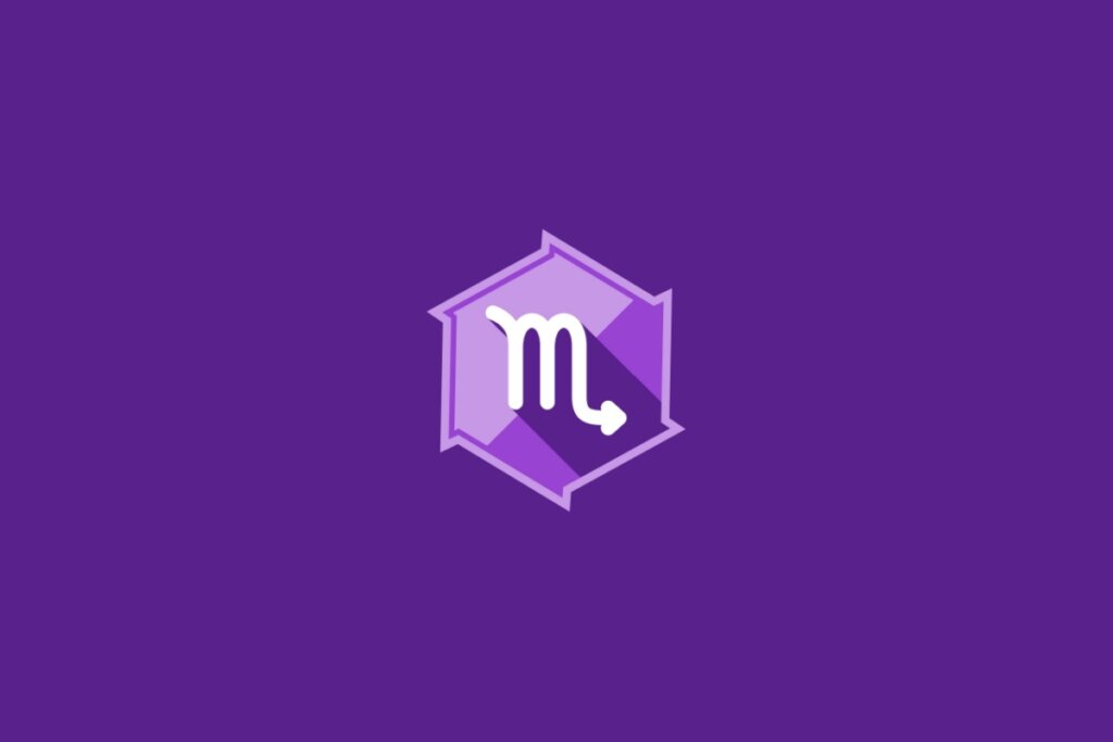 Ilustração do signo de Escorpião, em fundo roxo, com símbolo semelhante à letra "m" com uma cauda curva apontando para a direita
