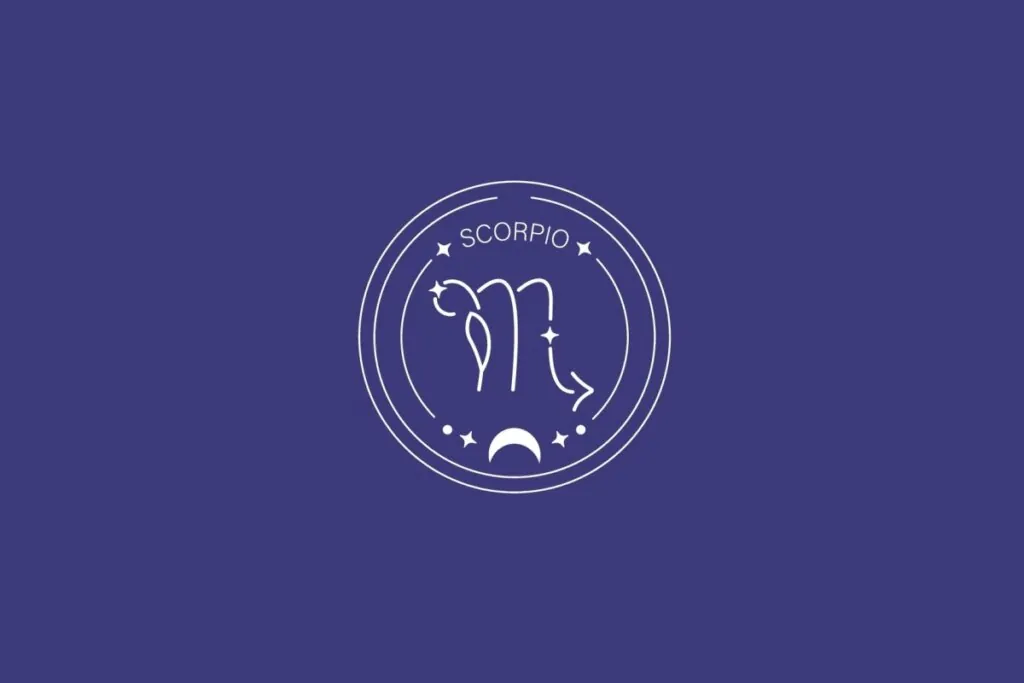 Ilustração do signo de Escorpião, com símbolo em formato de letra “m” com uma seta na extremidade direita, em fundo escuro