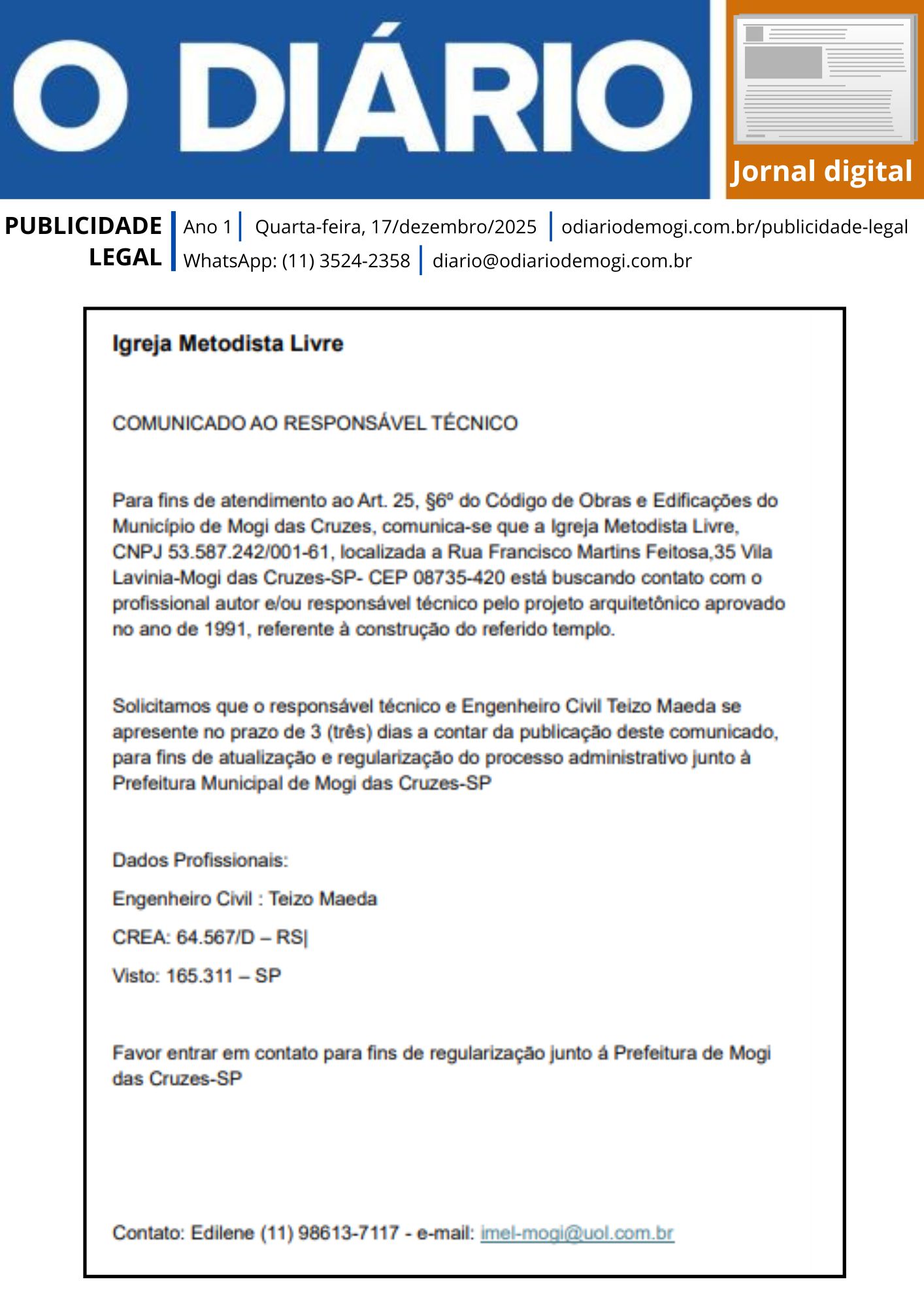 Quarta-feira, 17 de dezembro de 2025