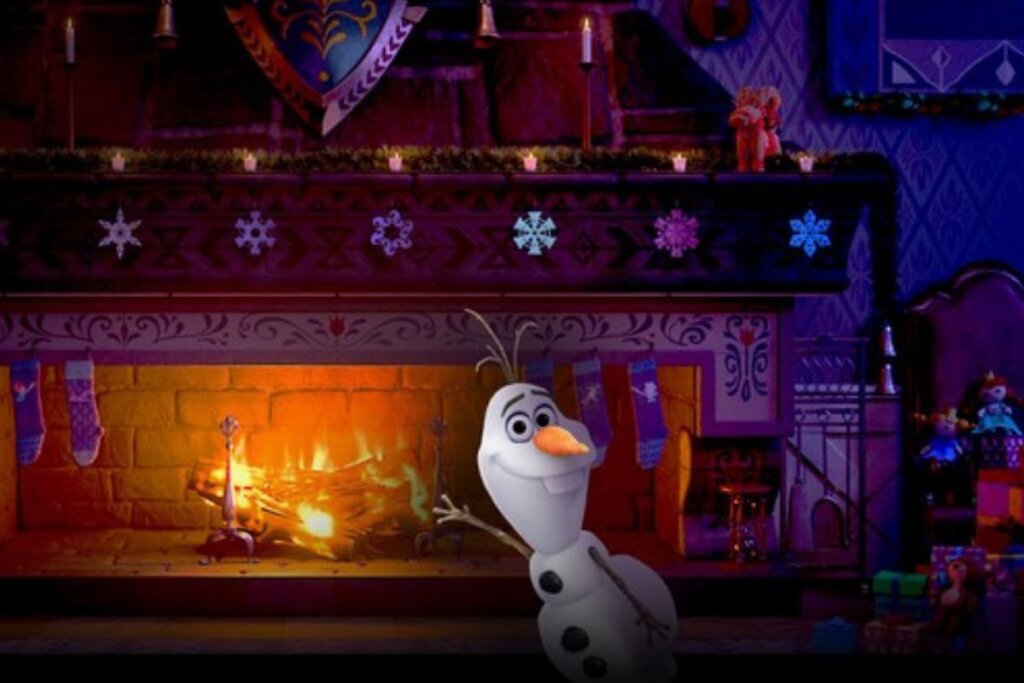 Ilustração do boneco Olaf em frente a uma lareira com flocos de neve pendurados 