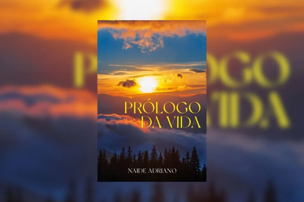 Capa do livro "Prólogo da Vida", com a imagem do pôr do sol ao fundo e o nome do livro em amarelo no centro 