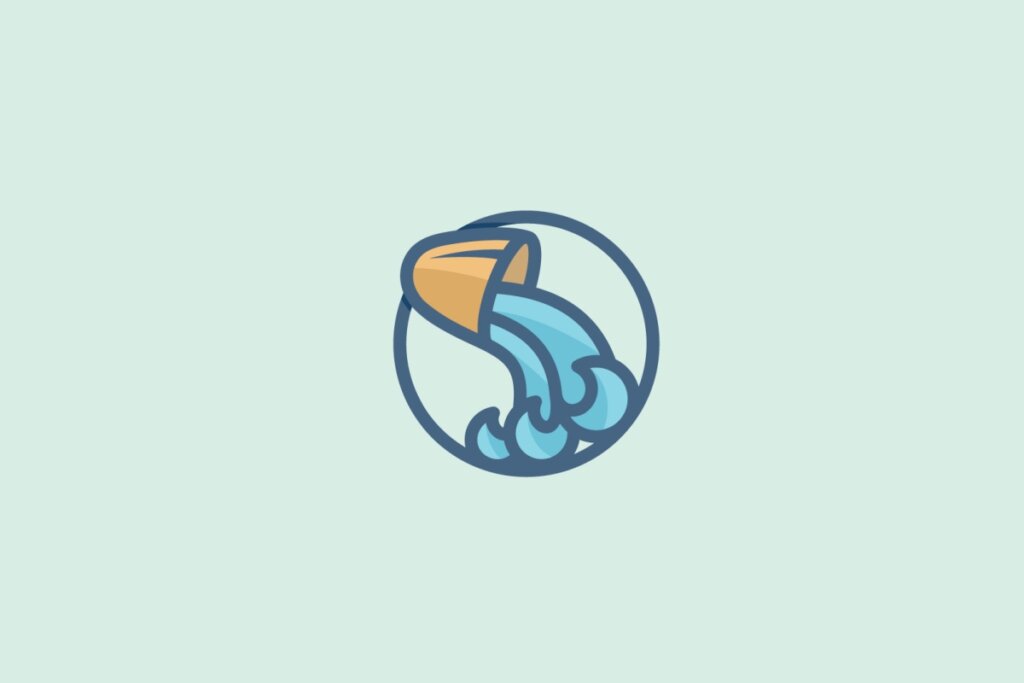 Ilustração do signo de Aquário com um jarro derramando água em um fundo azul-claro