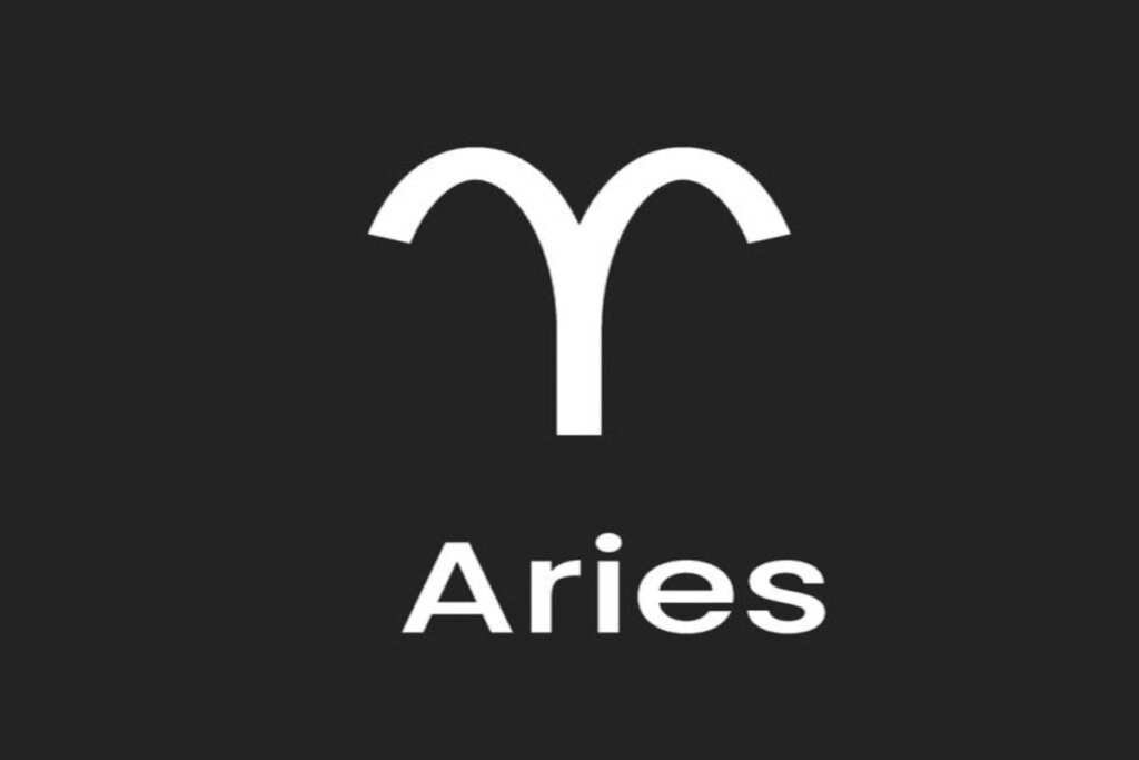 Símbolo e nome do signo de áries em fundo preto