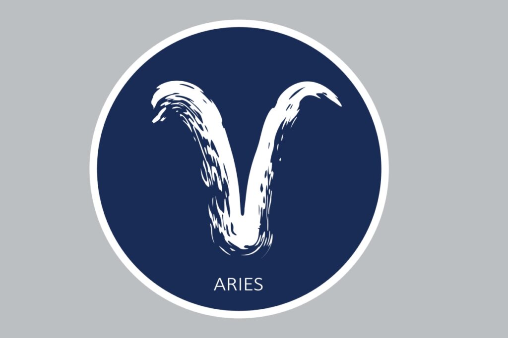 círculo azul-escuro com símbolo do signo de áries e nome dele em inglês na cor branca