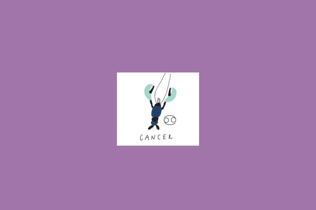 Ilustração de um caranguejo dentro de um quadrado branco sobre um fundo roxo