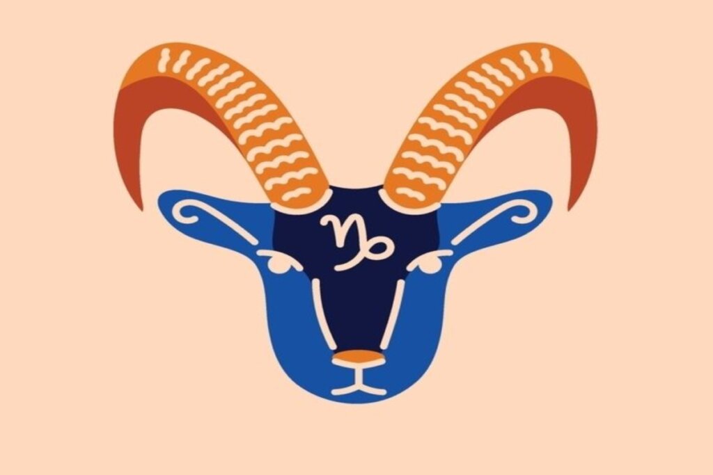 desenho de cabra com cara azul e chifres laranjas representando o signo de capricórnio
