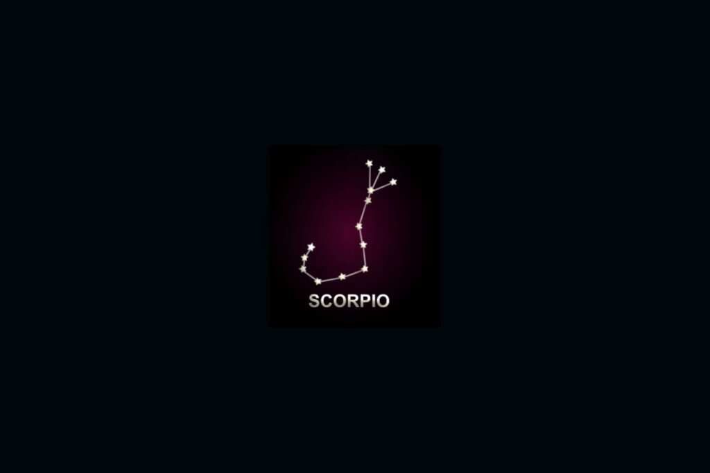Ilustração da constelação do signo de Escorpião iluminada por uma luz rosa 