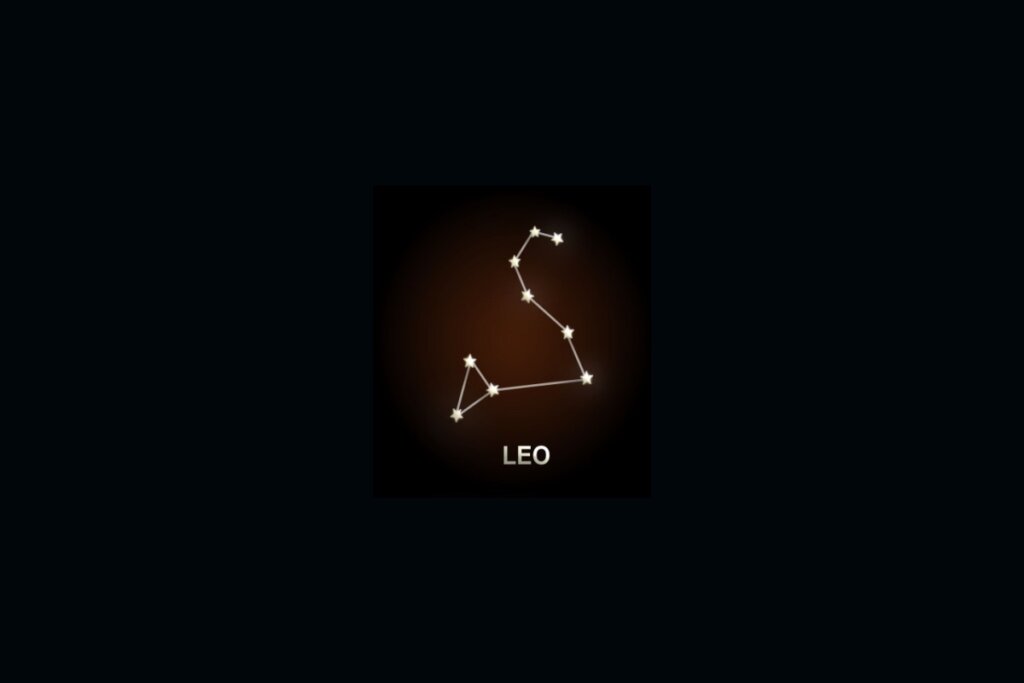 Ilustração da constelação do signo de Leão em um fundo preto e iluminada por uma luz laranja