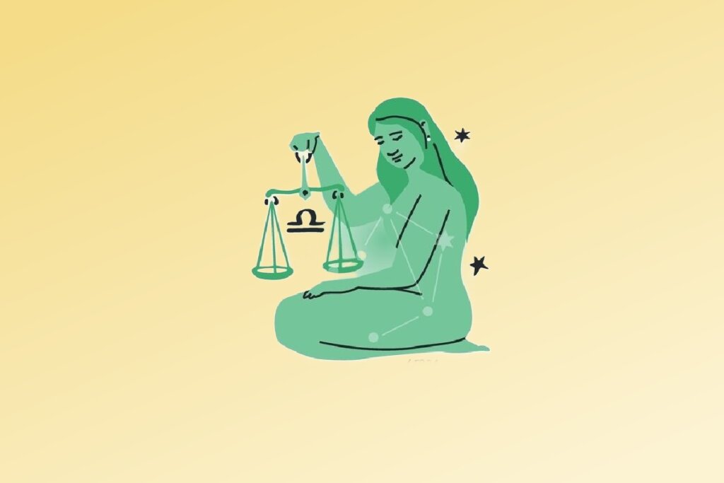 Ilustração do signo de Virgem contendo uma figura feminina sentada, com cabelo longo, símbolos de estrelas e linhas representando a constelação no corpo, em fundo amarelo