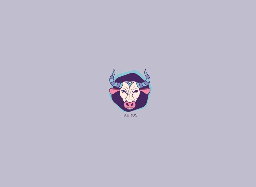 Ilustração de um touro em um círculo roxo, em tons de roxo, azul, rosa e bege, sobre um fundo lilás