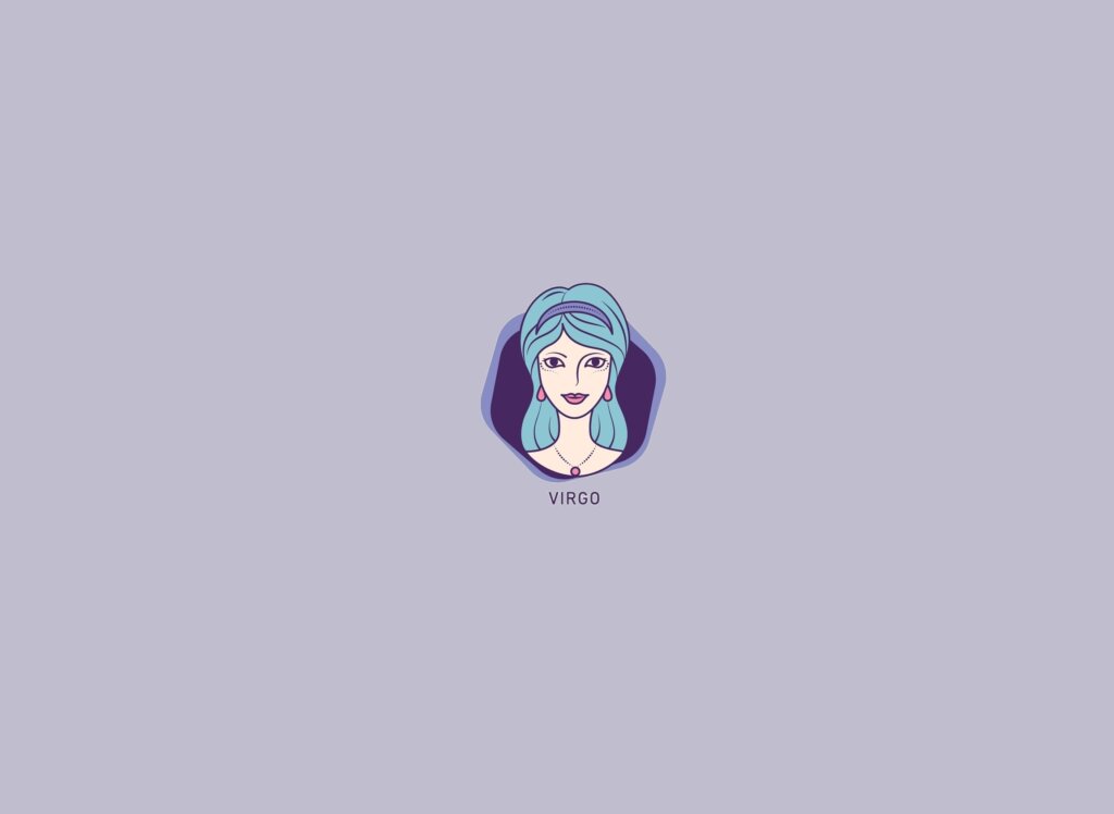 Ilustração de uma mulher com cabelo azul e rosto bege, dentro de um círculo roxo, em um fundo lilás
