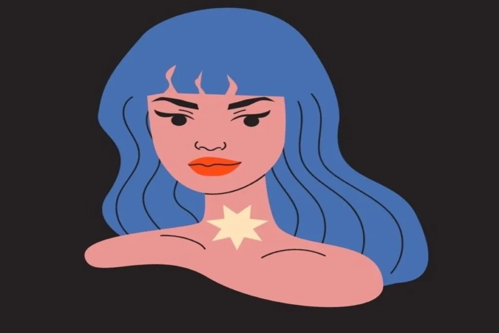 ilustração de uma mulher em tons de rosa e azul representando o signo de virgem sobre fundo preto