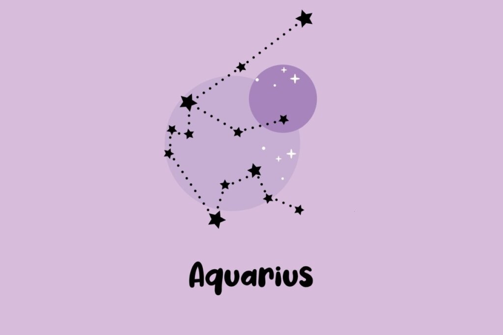 Ilustração da constelação do signo de Aquário com traços pontilhados e estrelas em destaque sobre fundo lilás