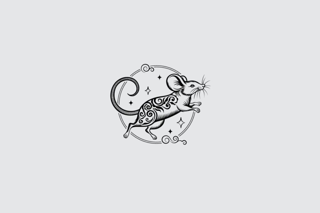 Ilustração do signo de Rato, contendo um rato estilizado em posição de movimento, com traços ornamentais e círculo decorativo ao redor, em fundo cinza-claro