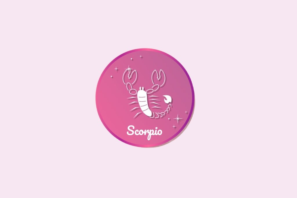Ilustração do signo de Escorpião, em um fundo rosa, contendo o símbolo de um escorpião com cauda curvada, garras abertas e corpo segmentado