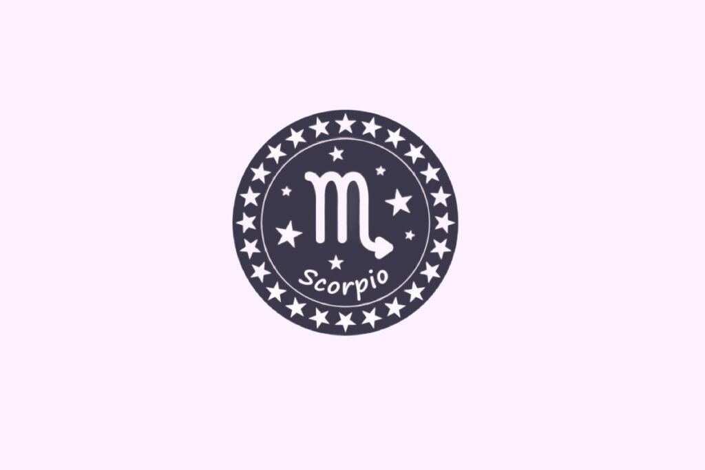 Ilustração do signo de Escorpião, contendo o símbolo em forma de letra “M” com cauda e seta no centro de um círculo com estrelas, em fundo com tom rosa-claro