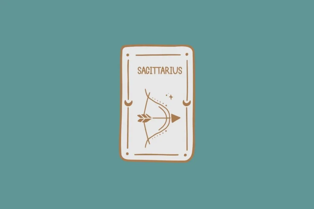 Ilustração do signo de Sagitário, em fundo verde-azulado, contendo um arco com uma flecha posicionada no centro