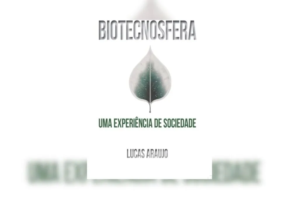 Capa do livro "Biotecnosfera", com a ilustração de uma folha em um fundo branco 