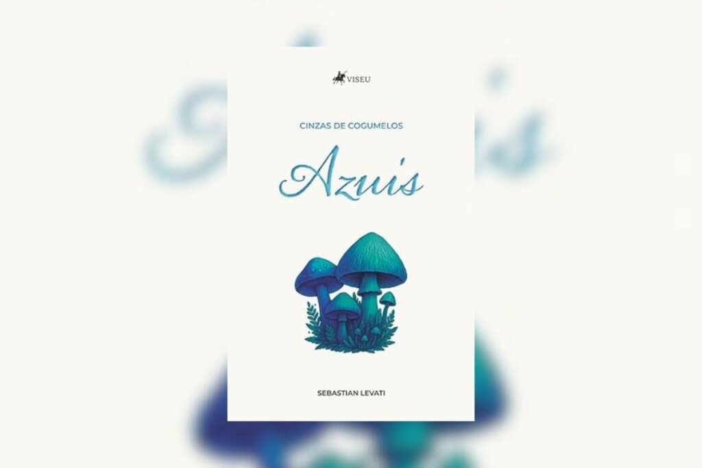 Capa do livro " Cinzas de cogumelos azuis" com a ilustração de um cogumelo azul em um fundo amarelo-claro