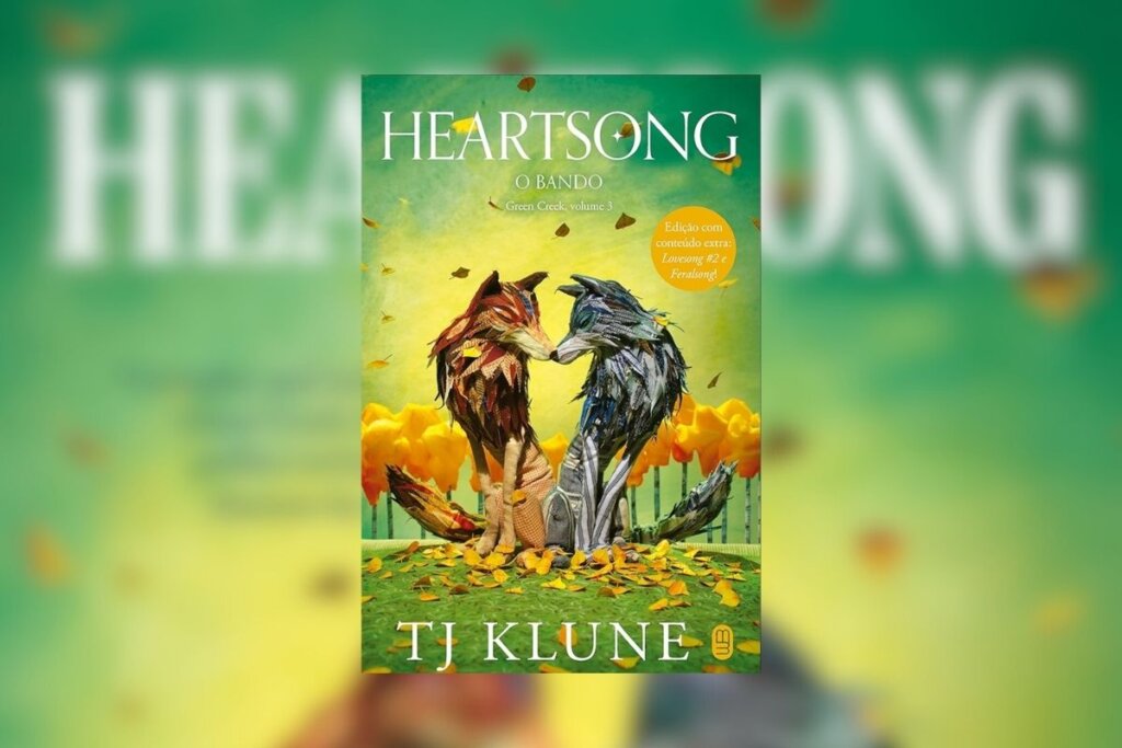 Capa do livro Heartsong – O Bando, com a ilustração de dois lobos lado a lado, formando um coração, sobre um fundo verde e amarelo