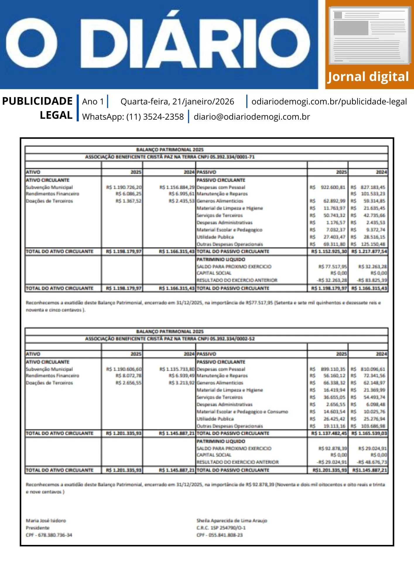 Quarta-feira, 21 de janeiro de 2026