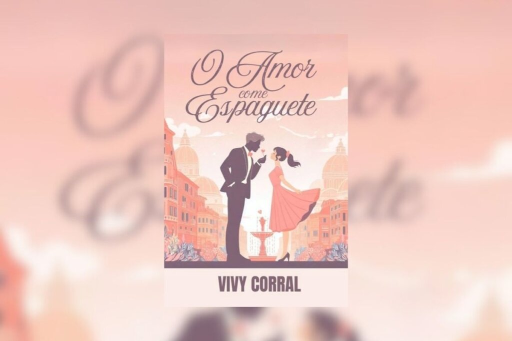 Capa do livro "O amor come espaguete", com a ilustração de um homem dando uma flor para uma mulher 