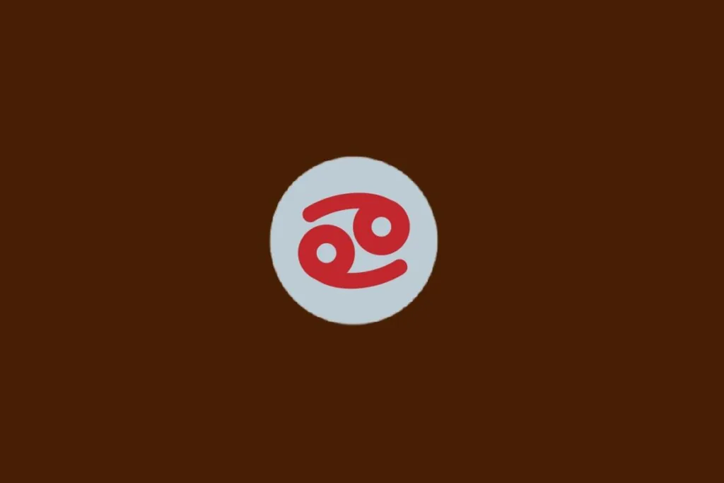 Ilustração do signo de Câncer, com símbolo vermelho parecido com o número 69 deitado, dentro de um círculo cinza sobre fundo marrom-escuro