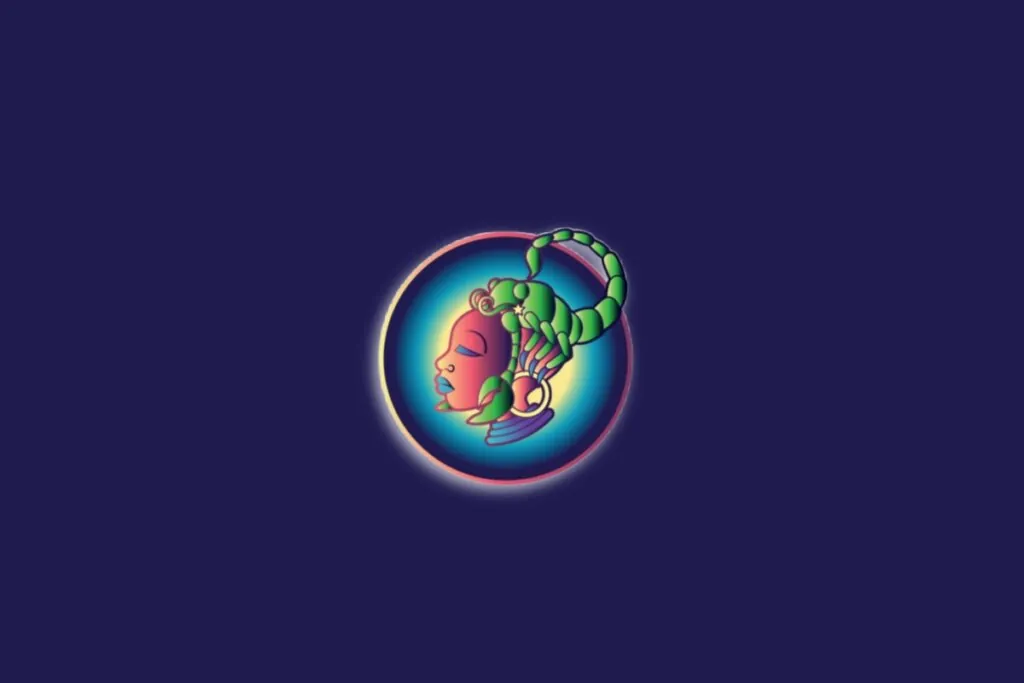 Ilustração do signo de escorpião em um círculo nas cores amarela, rosa e roxa sobre um fundo azul-escuro