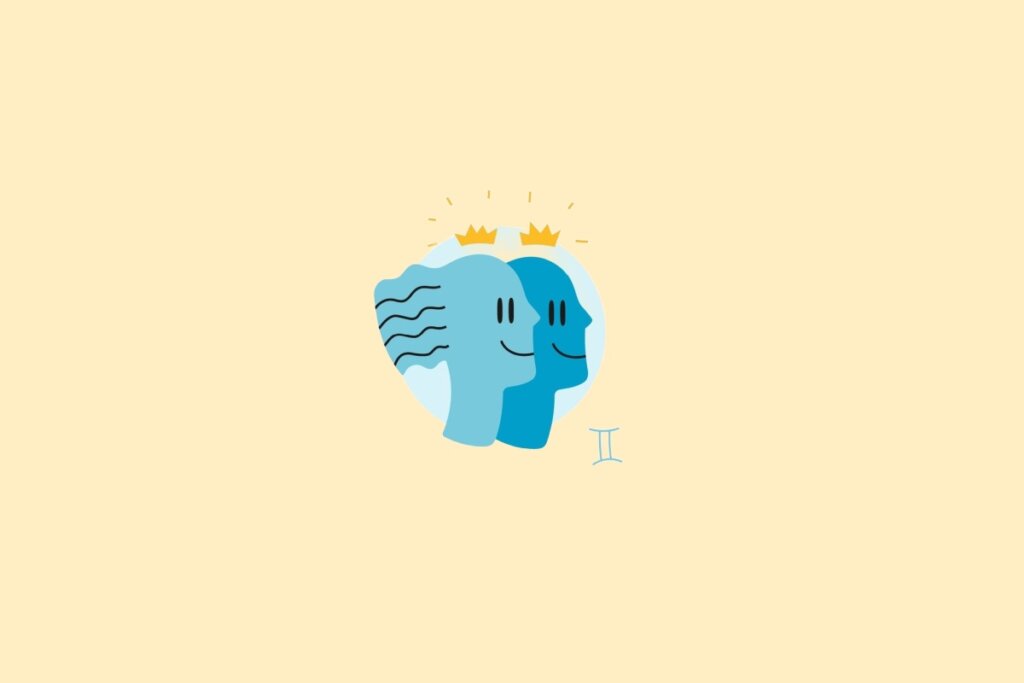 Ilustração de dois rostos em um círculo azul, sobre um fundo amarelo-claro
