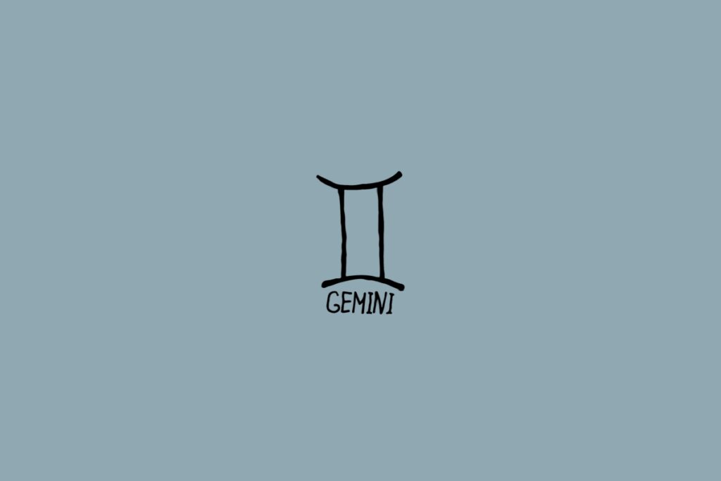 Ilustração do signo de gêmeos em um fundo cinza com o nome do signo embaixo