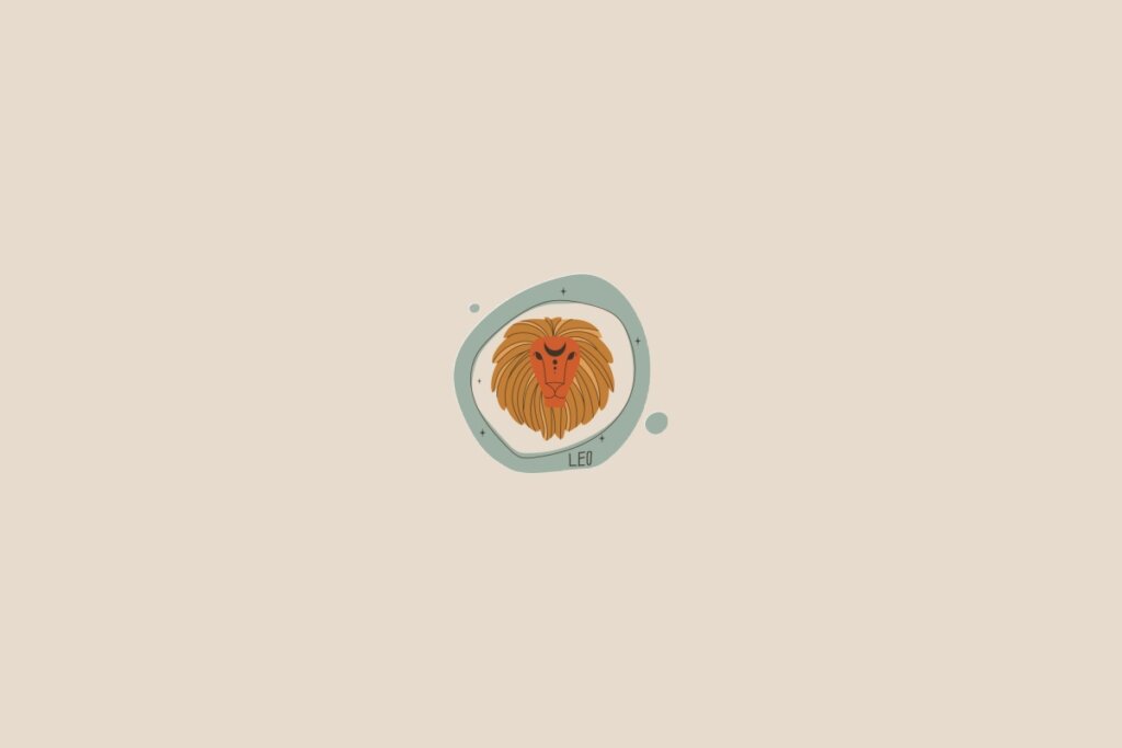Ilustração do signo de leão em um fundo bege-claro. Ao redor dele, há um círculo verde-claro e pequenas bolhas